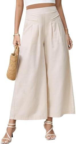 PASUDA Womens Wide Leg Trousers Linen Pants Elastic High Waist Pants with Pockets Solid Color 7/8 Trousers Casual Flared Palazzo Loose Fit Lounge Wear Pants