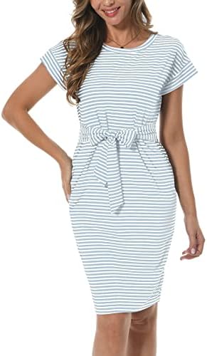 PCEAIIH Women's Summer Striped Short Sleeve T Shirt Dress Casual Tie Waist Dress with Pockets