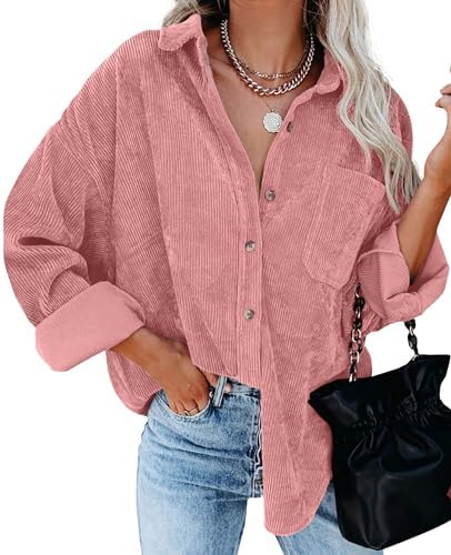 QIXING Womens Corduroy Oversized Shacket Button Down Boyfriend Shirts V Neck Cotton Long Sleeve Blouses with Pocket Casual Work Jacket for Women UK Ladies Tops Autumn Winter