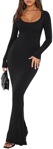 REORIA Womens Sexy Square Neck Long Sleeve Soft Lounge Long Dress Fall Casual Ribbed Bodycon Maxi Dresses