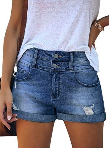 Roskiky Women's Stretchy Shorts Mid Rise Frayed Ripped Rolled Hem Denim Jean Shorts