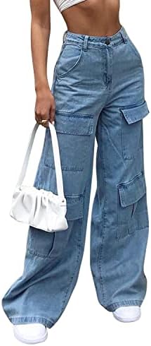 Runstarshow Baggy Jeans for Women Cargo Trousers Y2K High Waisted Denim Pants Women Wide Legs Jeans with Pockets Vintage Casual Fashion Streetwear Size 6-20 for Ladies Tees Girls