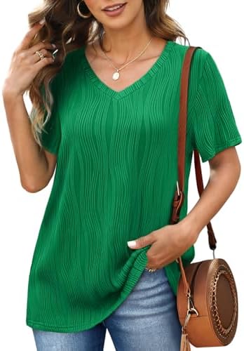 Sampeel T Shirts for Women Summer Tops Ladies V Neck Short Sleeves Pleated Tee