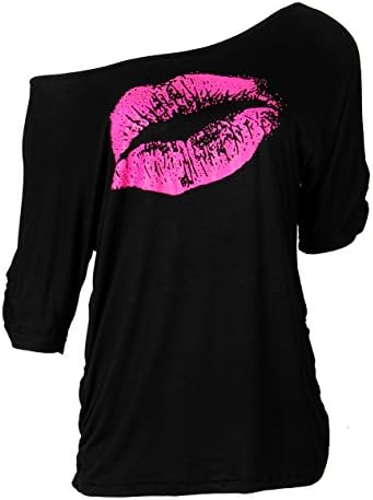 Smile Fish Women Casual Oversized Sexy Lips Print Off Shoulder T-Shirt Long Sleeve Pullover