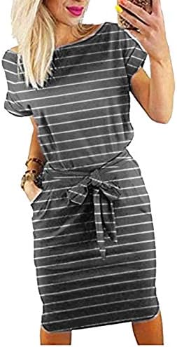 Smile Fish Women's Striped Elegant Short Sleeve Midi Dresses Pockets Casual Pencil Dress with Belt