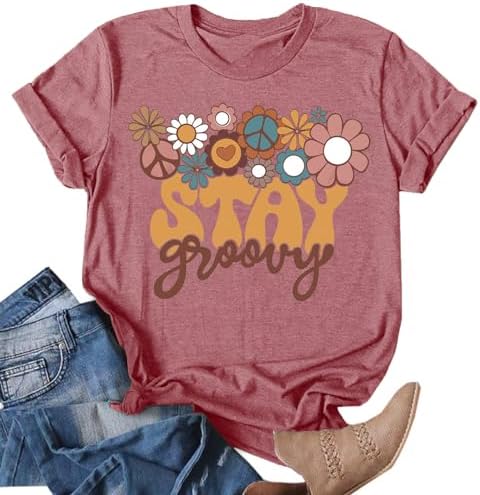 Stay Groovy Shirt for Womens Cute Floral Graphic Tees Hippie 70s Tee Summer Tee Tops