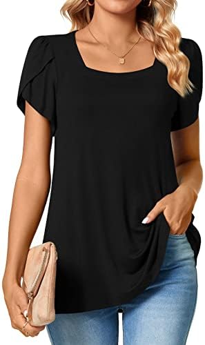 TAOHUADAO Womens 2024 Summer Casual T-Shirts Square Neck Petal Short Sleeve Tunic Tops for legging