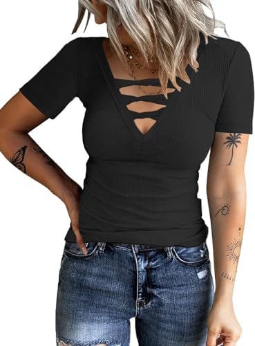 TrendiMax Women V Neck T-Shirt Short Sleeve Knotted Slim Fit Ribbed Knit Casual Pullover Tops