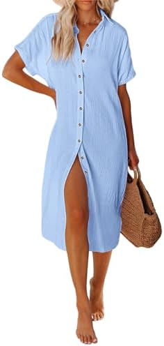 UMIPUBO Women Beach Cover Ups Casual Short Sleeve Beachwear Swimsuit Bikini Cover-Up Button Down Side Split Long Kimonos Bathing Suit Cardigans Beach Dress