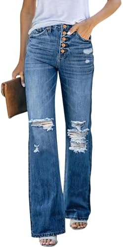 Vetinee Jeans for Women High Waist Ripped Flare Baggy Stretchy Distressed Bell Bottom Wide Leg Denim Pants