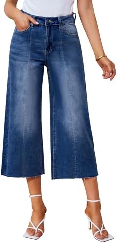 Vetinee Womens Cropped Jeans Wide Leg Baggy High Waisted 3/4 Length Stretch Raw Hem Capri Jeans