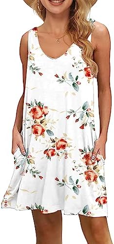 WNEEDU Women's Summer Beach Dresses Casual Sleeveless Cover Ups V Neck Swing Tank Dress wtih Pockets