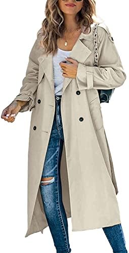 Women Casual Long Trench Windproof Coat with Belt Solid Colour Double-Breasted Lapel Collar Windbreaker Jacket Spring Autumn Coat S-2XL