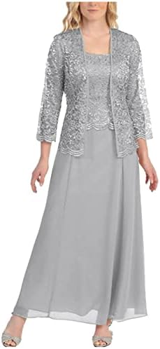 Women's 2 Pieces Dress Summer Chiffon Jumper Shift Dress with Lace Cut Out Cardigans Sets Lace Chiffon Dress Mother of The Bride Suits with Lace Jacket Wedding Outfit Evening Gown