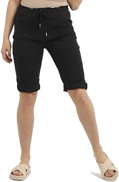 Women's Ladies Stretch Plain Knee lenght Magic Comfy Lagenlook Elasticated Waist Shorts with Drawstring and Pockets