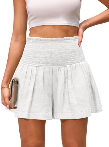 Xnova Women's Shorts Summer Loose Ladies Cotton Shorts Elasticated High Waisted Tailored Shorts Women Ruffle Wide Leg Lounge Shorts