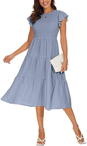 YUNDAI Womens Summer Casual Maxi Dress Boho CrewNeck Ruffle Short Sleeve Elastic High Waist Tiered Loose Modest Long Dresses for Ladies