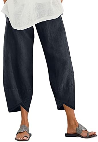 ZANZEA Womens Casual Trousers Cotton Linen Cropped Pants Loose Fit Straight Elasticated Waist Chino Bottoms with Pocket