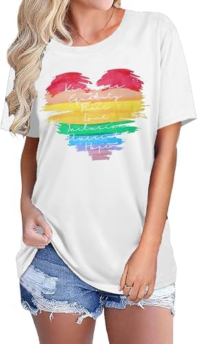 tiorhooe Gay Pride T Shirt Women Rainbow Flag Heart Shirts LGBT Pride Month T-Shirt Short Sleeve Tops