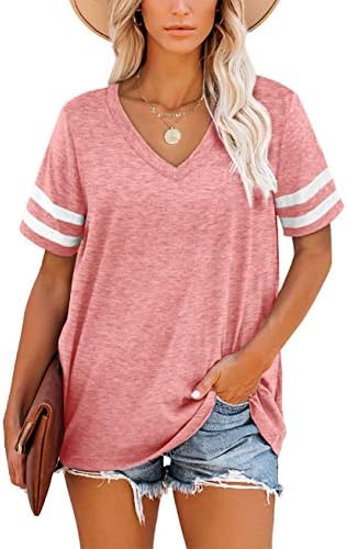 Aokosor T Shirts for Women V Neck Ladies Striped Sleeve Summer Tops Casual Loose Tee