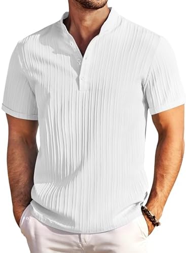 COOFANDY Men's Casual Short Sleeve Shirts Henley Shirt Band Collar Summer Beach Textured Shirts