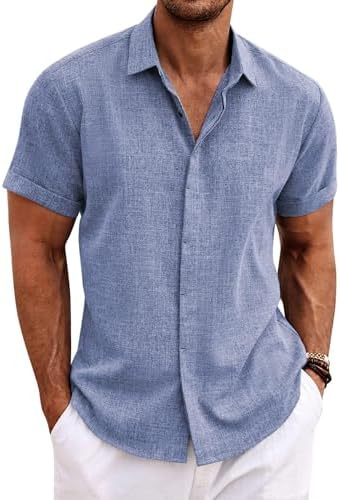 COOFANDY Mens Linen Shirts Short Sleeved Summer Regular Fit Cotton Shirt Button Down Hawaiian Holiday Tops