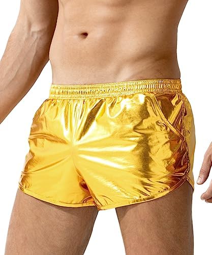 Casey Kevin Men's Metallic Shiny Boxer Shorts with Pockets Sparkly Sexy Hot Short Pants-NEW