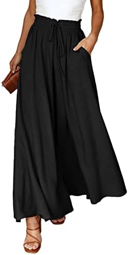 Dokotoo Womens Wide Leg Trousers Loose Fit Casual Flowy Women's Trouser Elastic Drawstring High Waist Summer Ladies Palazzo Pants with Pockets S-XXL