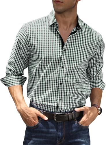 Elegancity Mens Dress Shirt Plaid Cotton Business Formal Shirts Regular-Fit Wrinkle-Free Long Sleeve Button Down Casual Shirts S-XXL