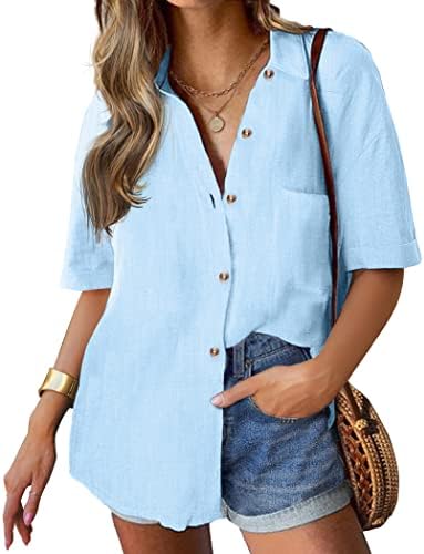 HOTOUCH Women's Shirts Casual Short Sleeve Blouses V Neck Collared Shirts Button Down Shirts Summer Blouse Tops Solid Color Shirts Top with Pockets S-XXL