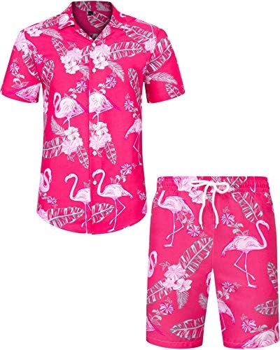 J.VER Mens Hawaiian Shirt and Shorts Set Regular Fit Short Sleeve Casual Funky Beach Flamingo Shirt Set