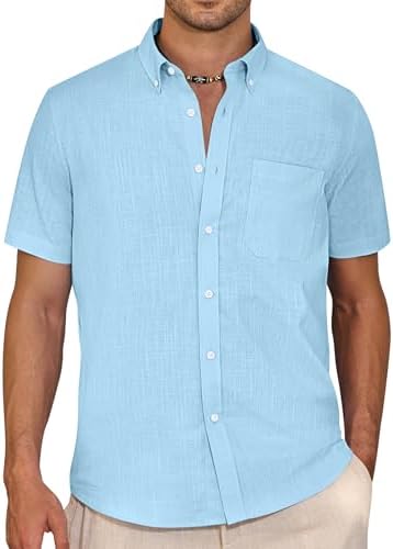 J.VER Men's Short Sleeve Linen Shirts Shrink Free Button Down Regular Fit Solid Shirt Casual Lightweight Summer Beach Shirts Tops with Pocket