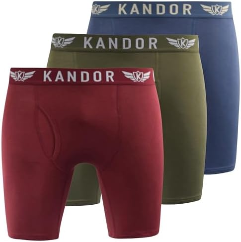 Kandor bamboo long leg mens boxers – 3 pack, soft, anti chafing, moisture wicking boxer shorts for men with front opening – fly, men’s underwear trunks multipack