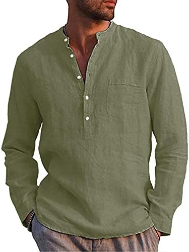 LVCBL Mens Casual Cotton Shirt Long Sleeve Band Collar Henley Shirt Tops