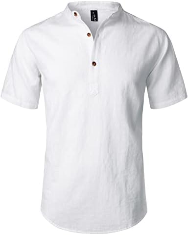 LucMatton Men's Casual Cotton Linen Short Sleeve Henley Shirt Summer Lightweight Banded Collar Beach Tops