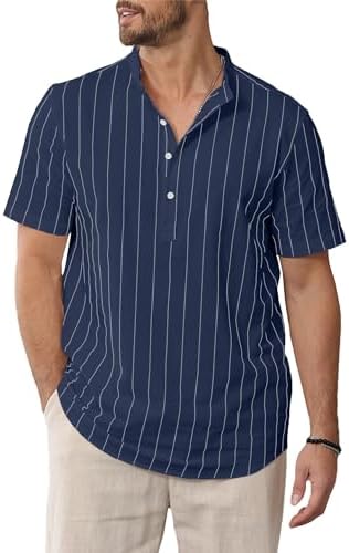 Mens Shirts Cotton Shirt Casual Striped Shirt Summer Beach Short Sleeve Shirts Henley Neck Shirt