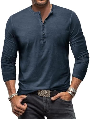 Mens Vintage Long Sleeve Henley T Shirt Cotton Button Tops Casual Basic Henley Shirts