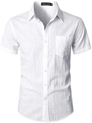 PARKLEES Men's Fitted Cotton Linen Casual Short Sleeve Button Up Shirts Lightweight Beach Tops with Pocket