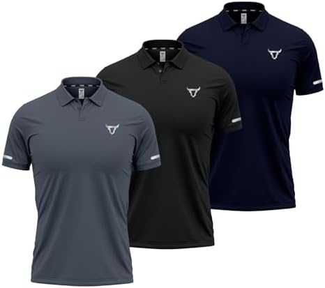 TORO ACTIVA Pack of 3 Mens Polo T Shirt Breathable and Lightweight Quick Dry 3 Button Ribbed Collar Comfortable Short Sleeve Polo Shirt