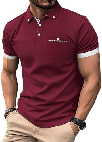 YUNDAI Mens Summer Polo Shirts Casual Short Sleeve Plaid Splice Cotton T-Shirt Golf Tennis Tops